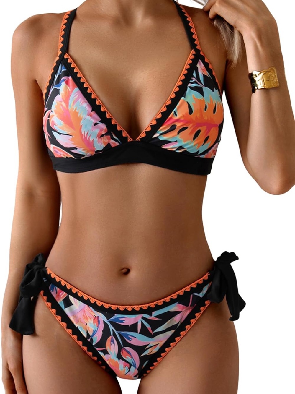 Tropical Black Floral Tie-Side Bikini - Black